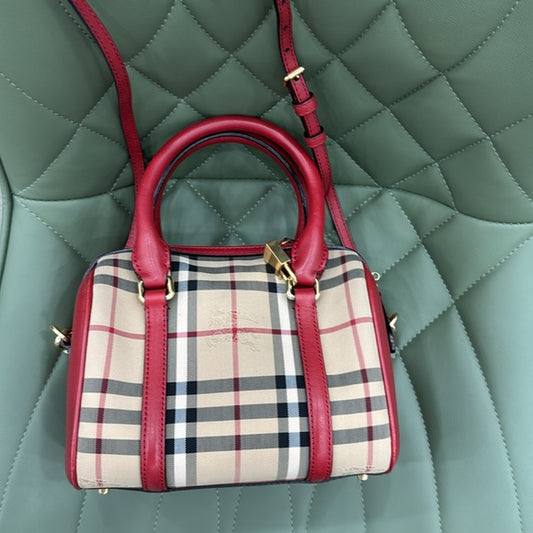 Burberry Red and Tan Satchel with Iconic Check Pattern