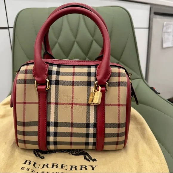 Burberry Red and Tan Satchel with Iconic Check Pattern