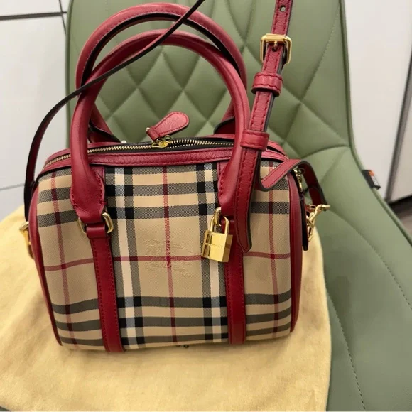 Burberry Red and Tan Satchel with Iconic Check Pattern