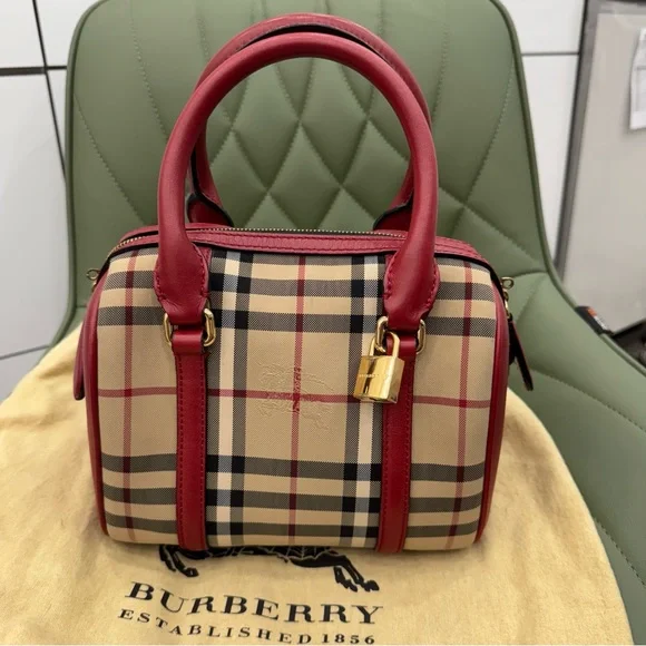 Burberry Red and Tan Satchel with Iconic Check Pattern
