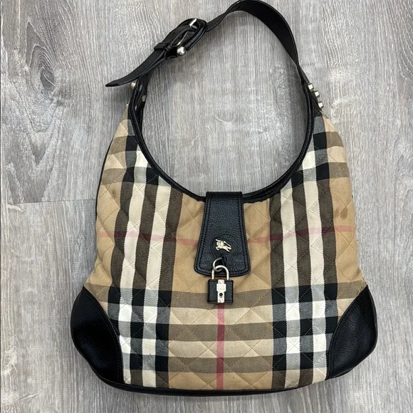 Burberry Tan and Black Shoulder Bag with Iconic Check Pattern