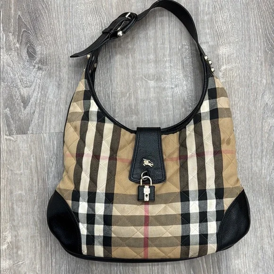 Burberry Tan and Black Shoulder Bag with Iconic Check Pattern