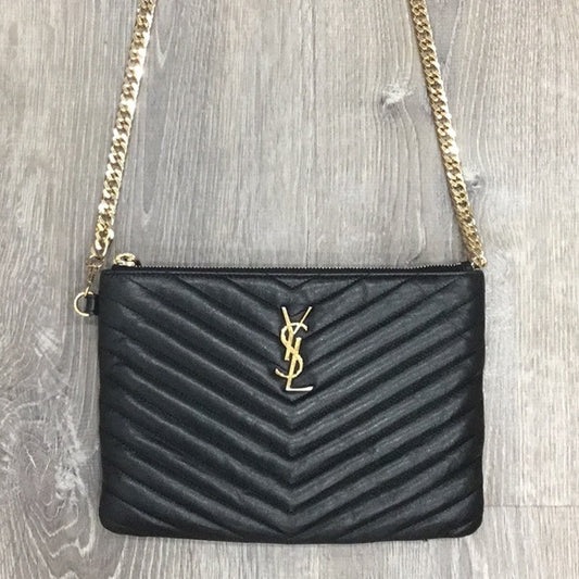 Yves Saint Laurent Black Quilted Clutch with Gold Accents