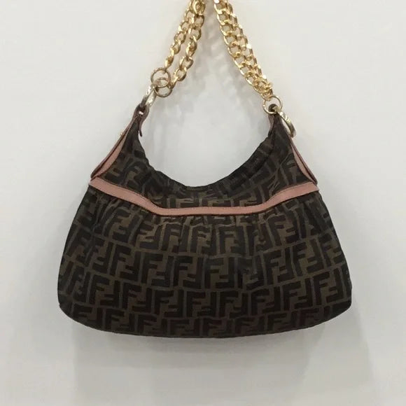 Fendi Brown and Gold Shoulder Bag with Monogram Pattern